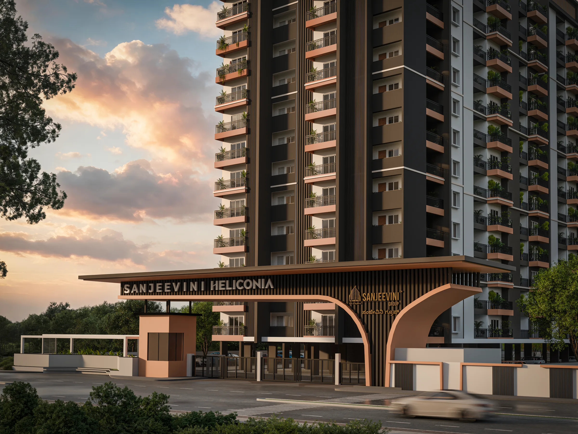 Entrance gate and arrival view at Sanjeevini Heliconia