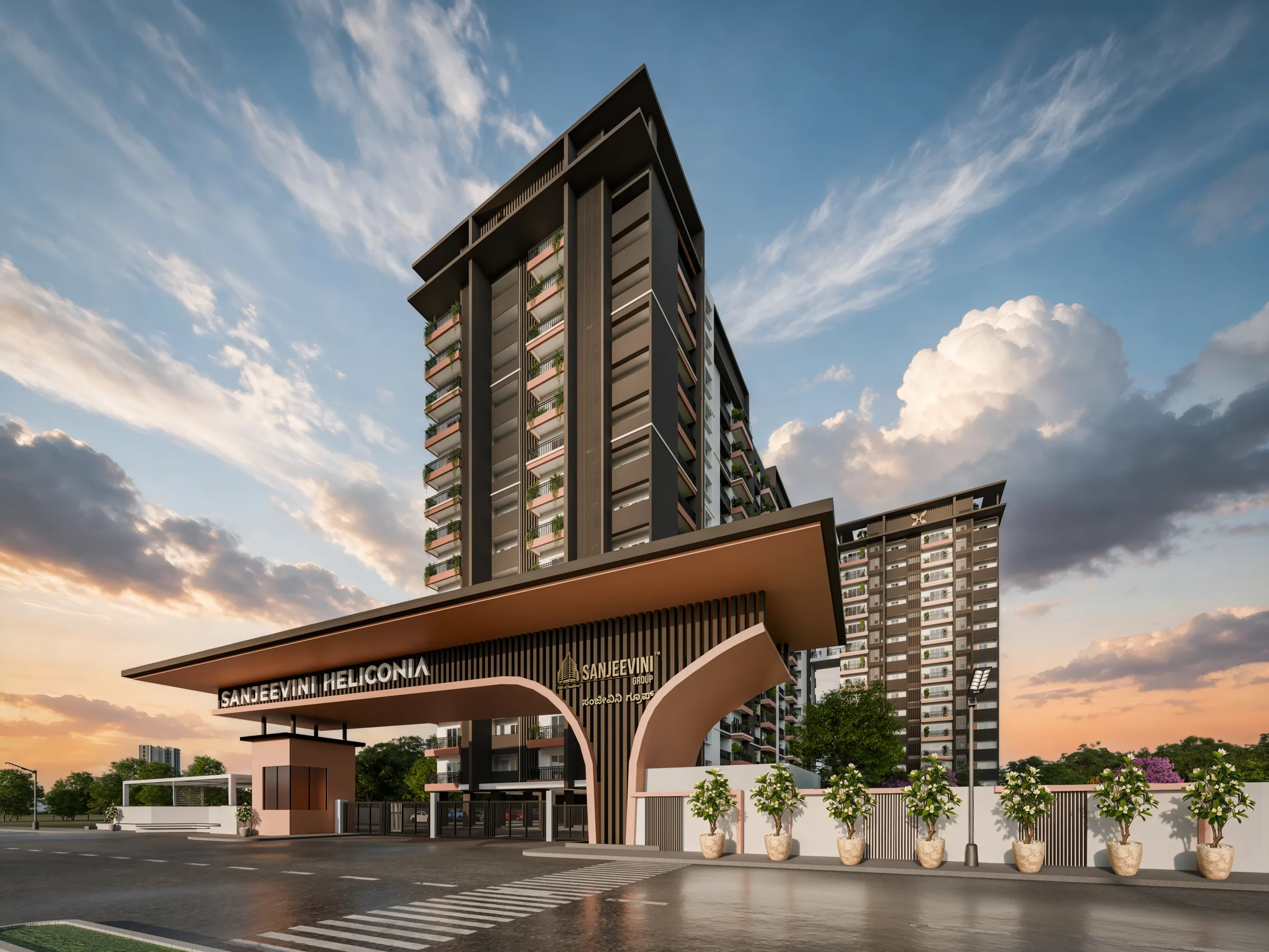 Architectural arrival view at Sanjeevini Heliconia