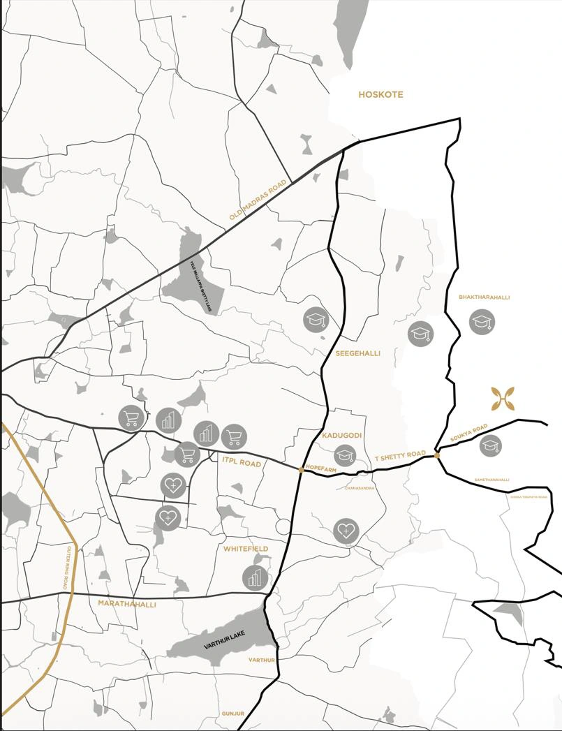 Location map connecting Heliconia to Whitefield, ITPL and Hoskote