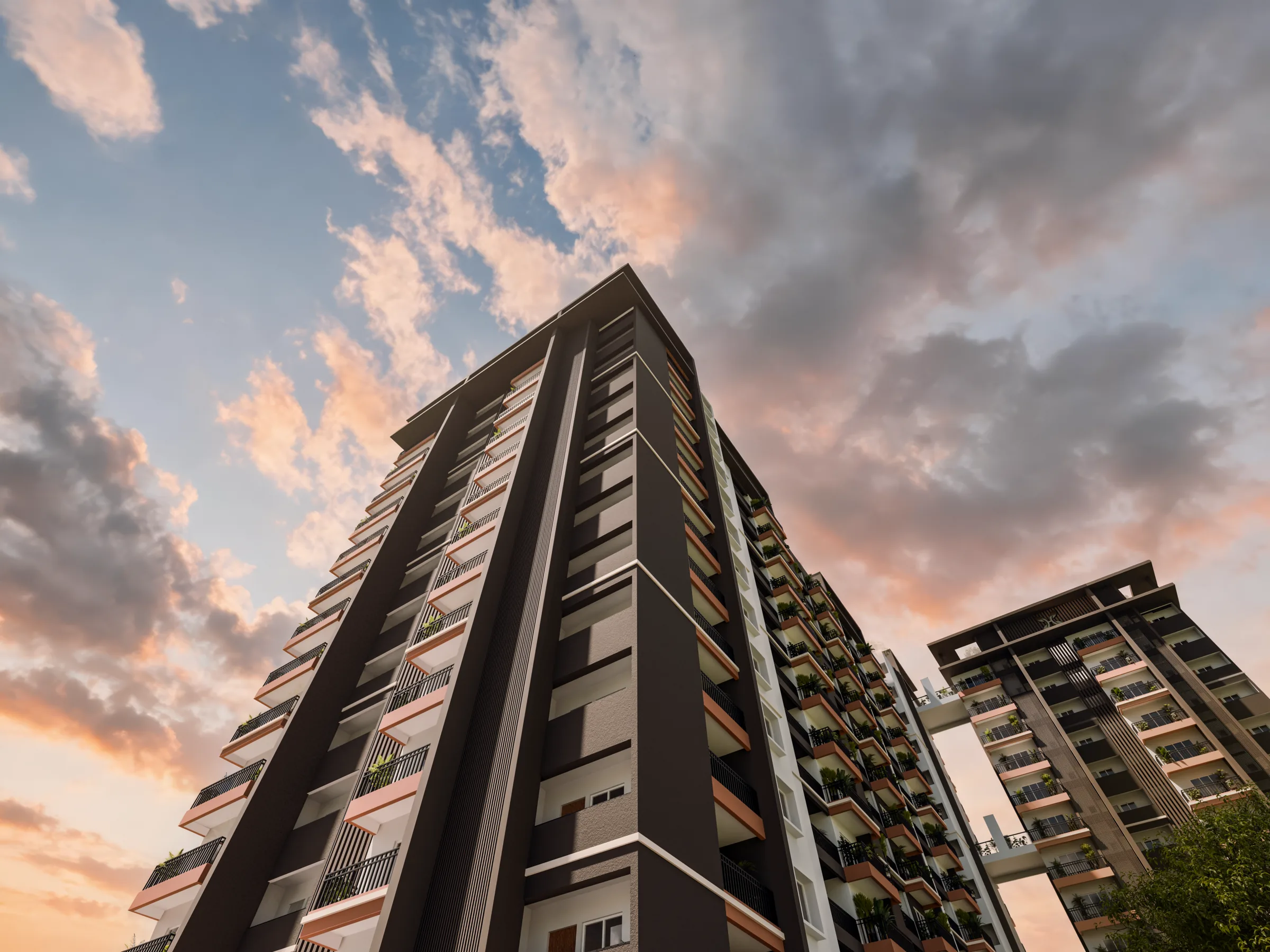 Low-angle architectural view of Sanjeevini Heliconia